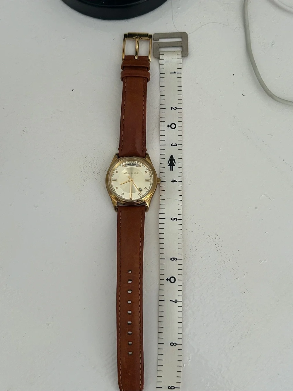 Michael Kors Gold Tone Watch with Brown Leather Strap and White Dial